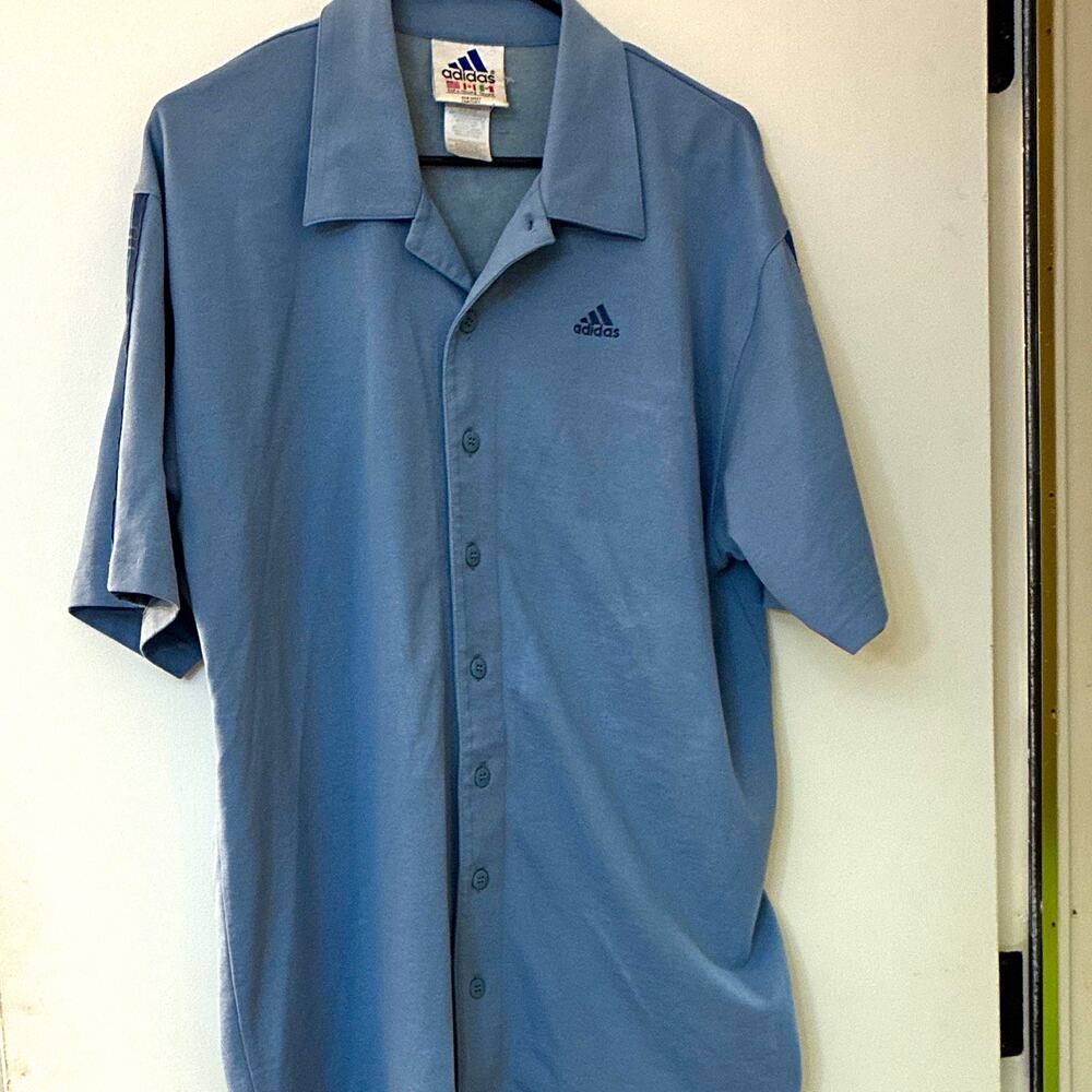 Vintage Y2K Adidas 3 Stripes Button Up Blue Sleeve Taping Camp Collar Mens L